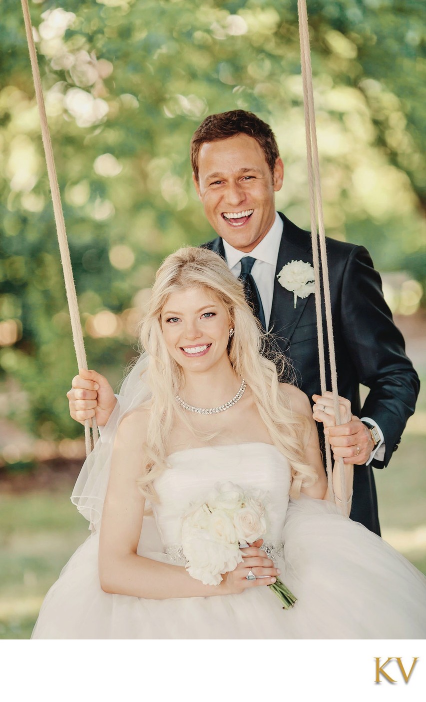 Gorgeous Newlyweds on swing Prague