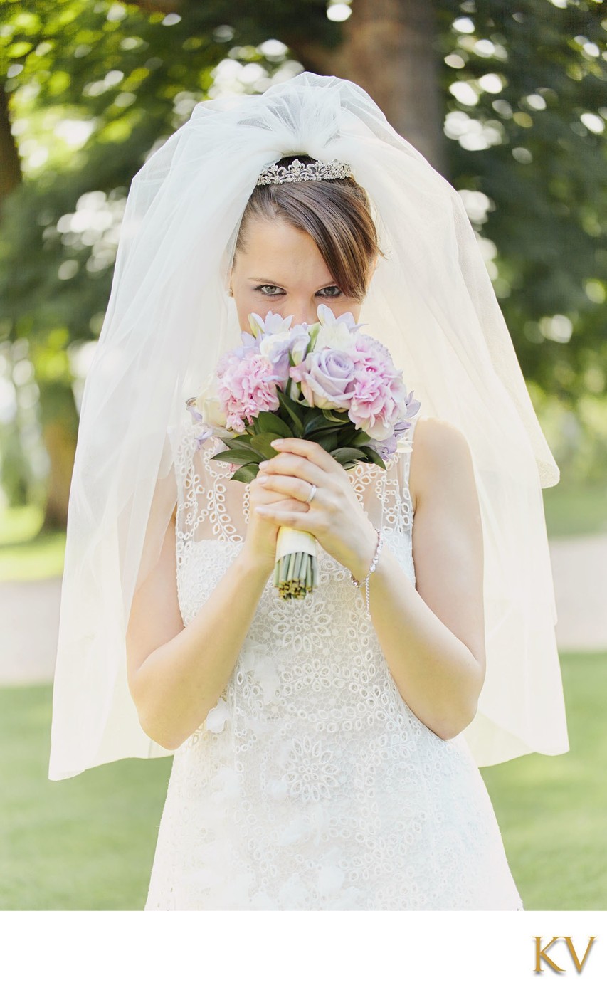 Happy Bride Smelling Bouquet