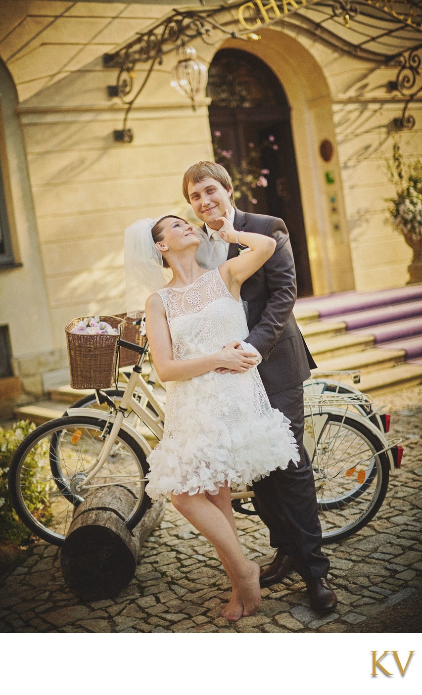 Happy Newlyweds near bikes