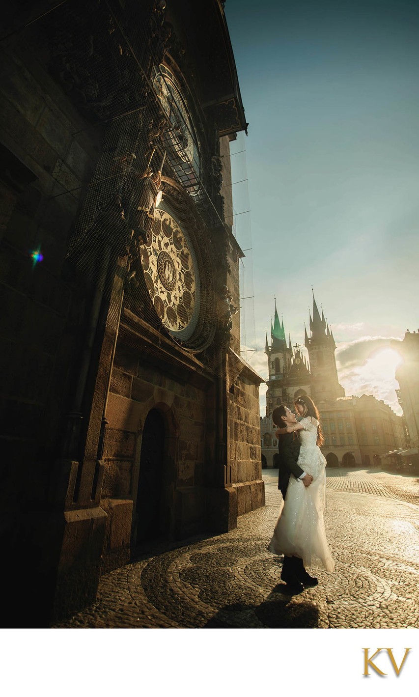 Korean Newlyweds Embracing Underneath Prague Astronomical Clock