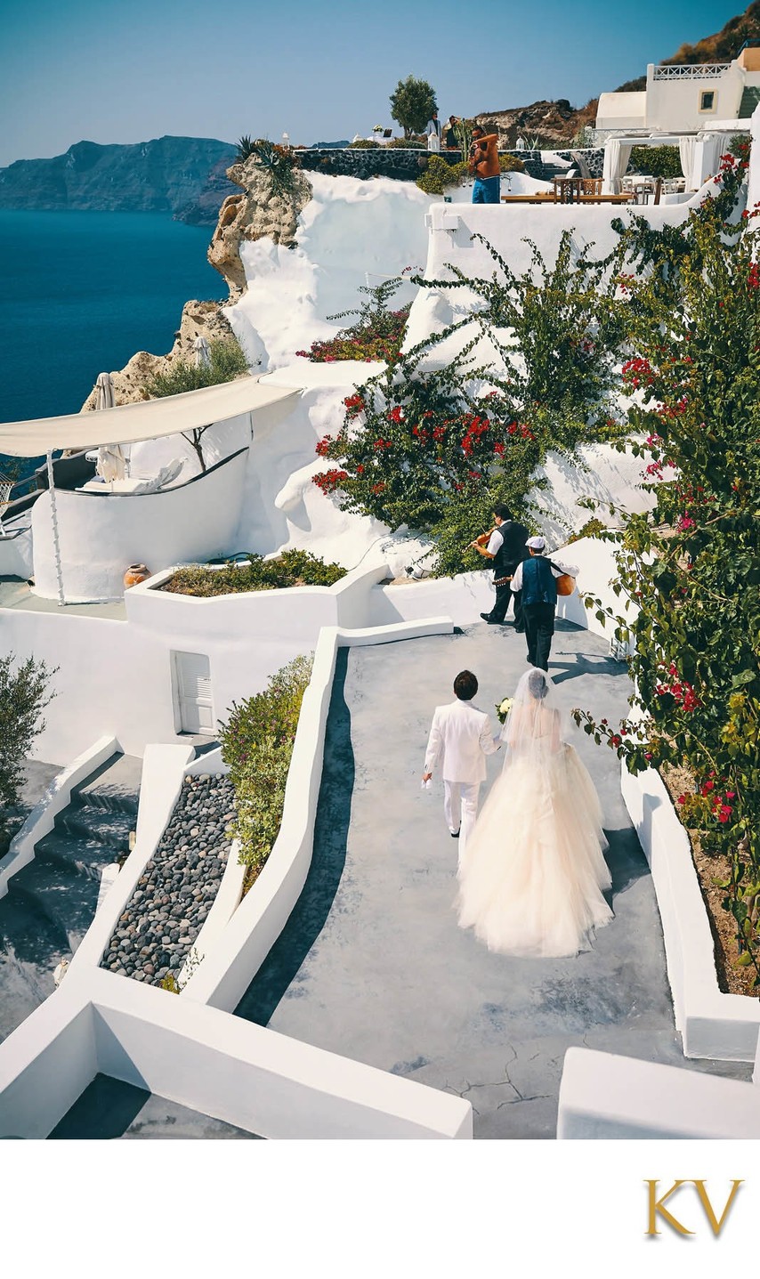 Greek Musicians Lead The Bride & Groom Santorini