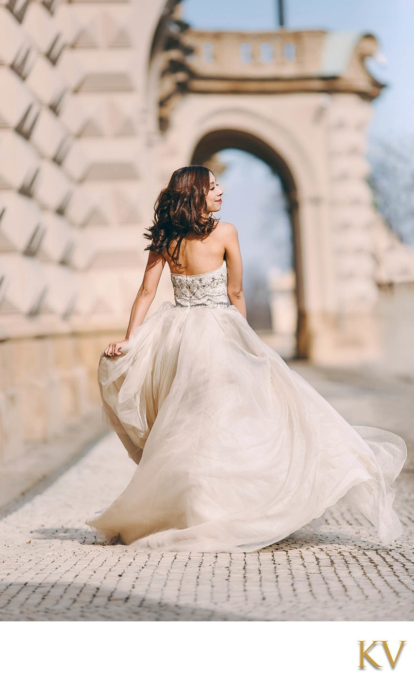 Happy Bride Twirling Dress Prague Castle