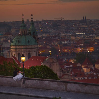 wedding couple overlooking Prague's Mala Strana 