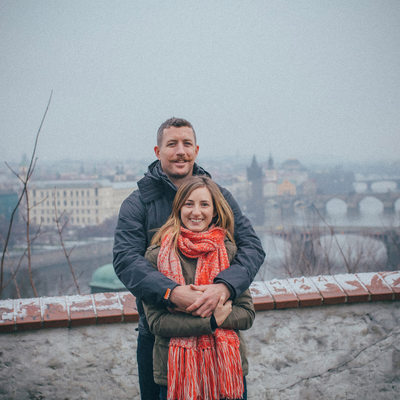 The happy newly engaged N&J above Prague