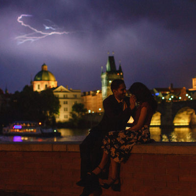 romantic Prague marriage proposal lightning skies