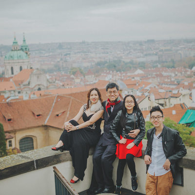 family photo overlooking Mala Strana from Prague Castle