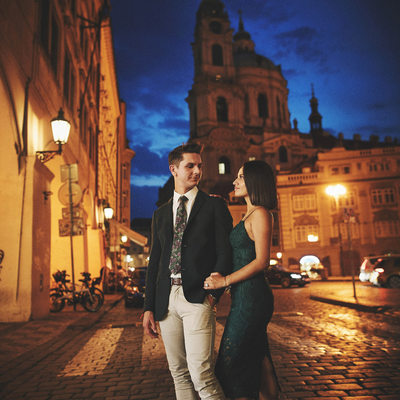 The happily engaged Prague engagement night photo