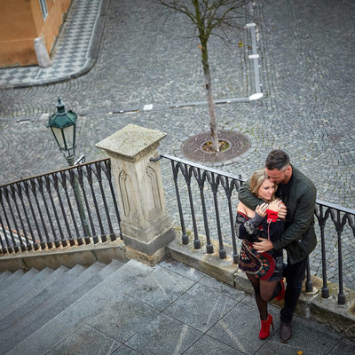 cuddling at the Kampa steps - Prague marriage proposal