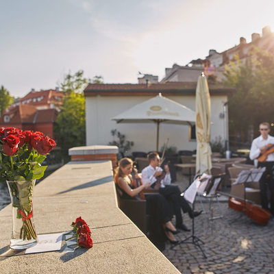 The musicians await with vase of roses and love letter