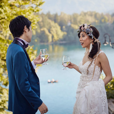 relaxing with a glass of wine Lake Bled weddings