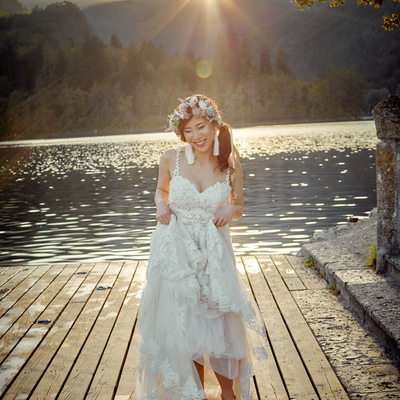 Radiant bride in the Golden Light Lake Bled Slovenia