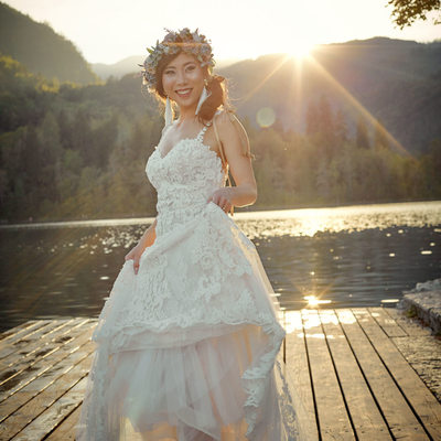 happy bride in the summer sunshine Lake Bled Wedding
