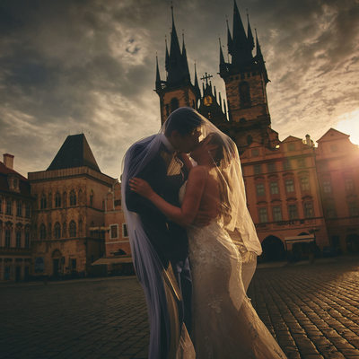 dramatic kiss under the veil Old Town Square Prague