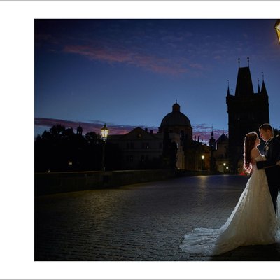 bride & groom under the gas lamps Charles Bridge