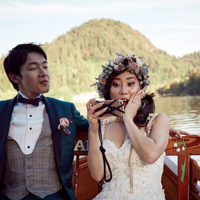 bride & groom funny moment Lake Bled