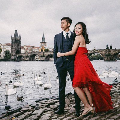 Sexy Shanghai couple at the riverside in Prague