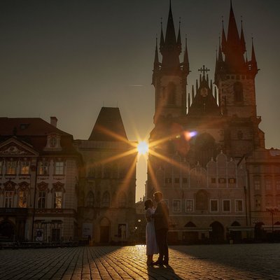 Prague sunrise engagement photo Old Town Square