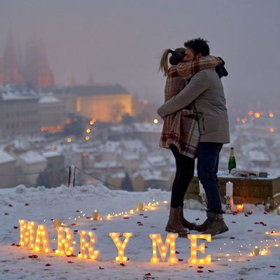 Winter Marriage Proposal Fairy Lights Above Prague