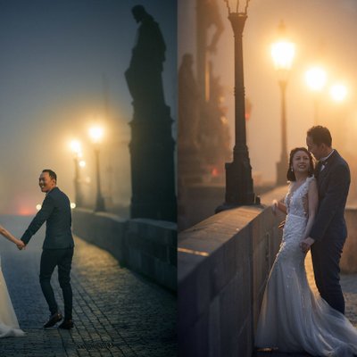 Stylish bride & groom enjoying a foggy Charles Bridge