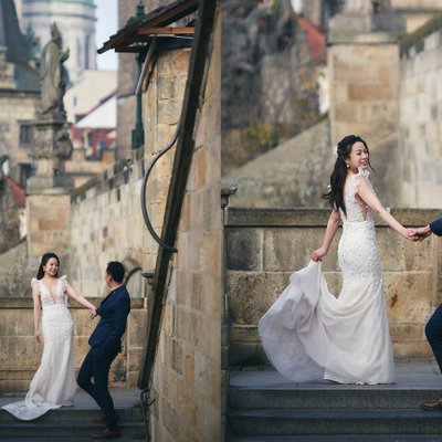 Flirty Canada bride teasing her groom Prague pre-wedding