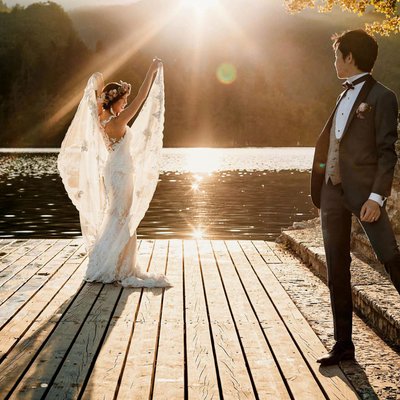 Lake Bled wedding photo Angelic Bride posing for groom