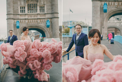 London Tower Bridge Bride Pink Dress in the rain