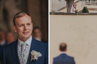 Michael watches as his bride arrives at the garden