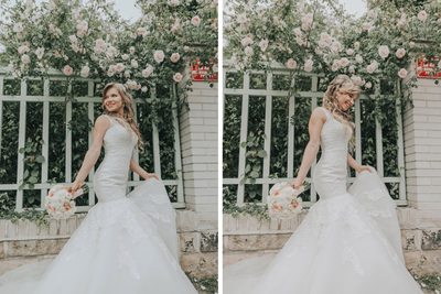 The happy bride underneath the roses