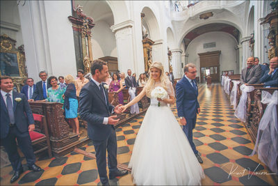 Happy bride greets groom 