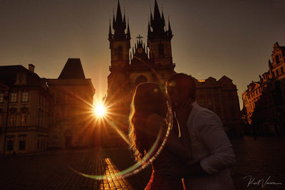 sun-flared lovers in the Old Town at Sunrise