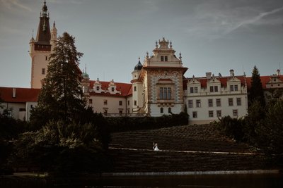 Newlyweds waling in ray of sunlight at Castle Pruhonice