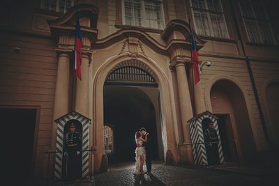 castle guards stand watch as Hong Kong newlyweds kiss