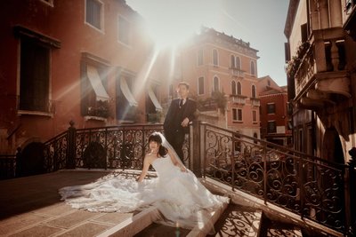 Sun flared bride & groom portraits Venice Italy