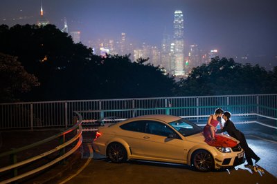 Hong Kong pre-wedding woman in red and Mercedes