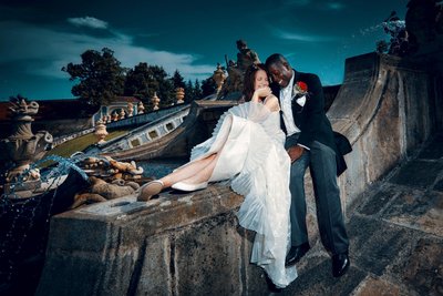 happy newlyweds enjoying moment Cesky Krumlov Castle