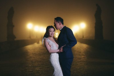 smiling bride in the fog