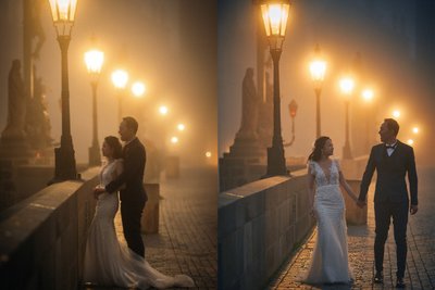 Elegant couple enjoying foggy Charles Bridge 