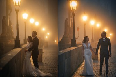 Lovers Under Gas Lamps Foggy Prague