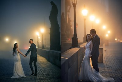 Stylish bride & groom enjoying a foggy Charles Bridge