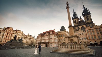 Bride & Groom enjoying the landscape of Prague Old Town