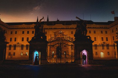 love in the guard shack Prague Castle at night