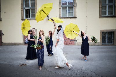 Bride, Bridesmaids, Yellow Umbrellas