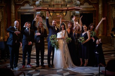 bride & groom, friends at altar