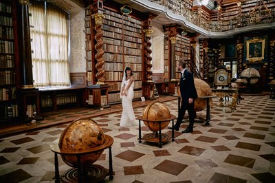 Hip Newlyweds exploring library