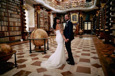 Sexy, tattooed, hip newlyweds exploring library