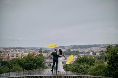 Yellow Umbrellas cityscape below