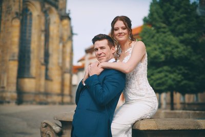 joyful bride and groom