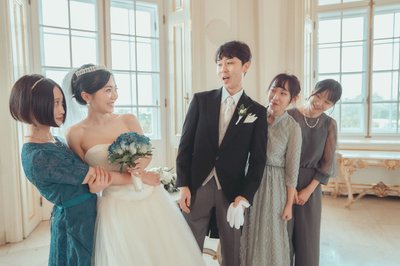 Bride and groom with friends