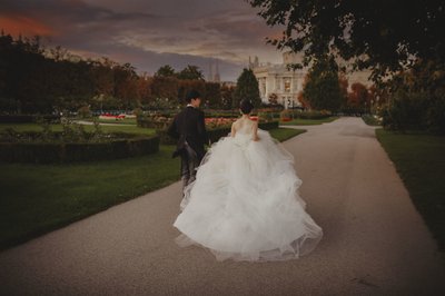 newlyweds at sunset