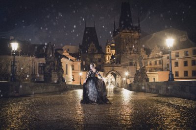Gothic Bride wearing black dress Charles Bridge Prague